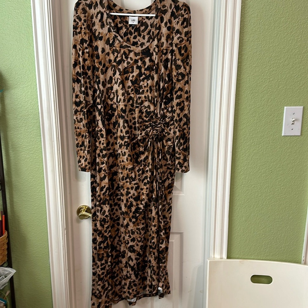 Cabi Selma Dress Medium Leopard Print Long Sleeve Midi Puff Sleeve Ruching Soft